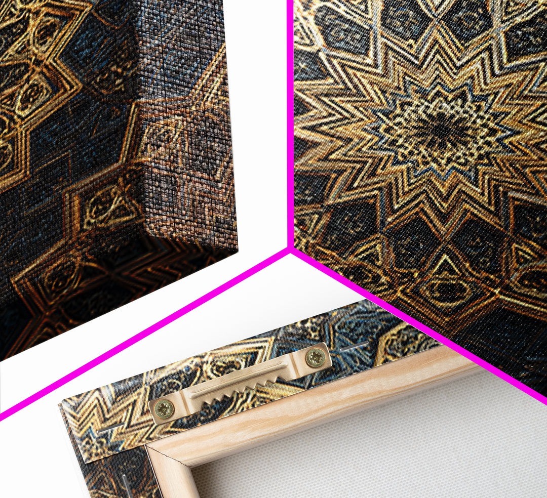 Blue Gold Islamic Geometric Mandala Wall Art, Sacred Geometry Pattern, Moroccan Tile Decor, Meditation Room Statement Print
