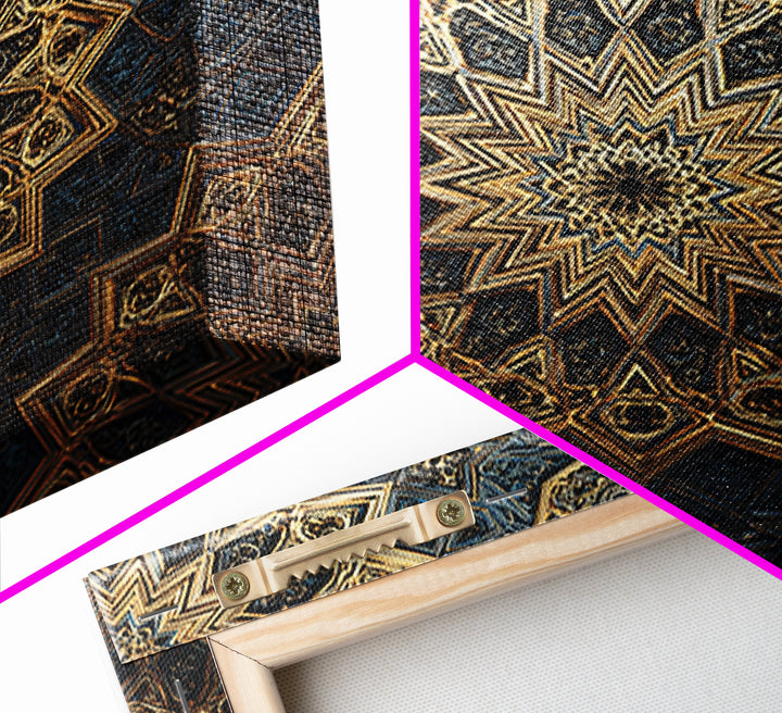 Blue Gold Islamic Geometric Mandala Wall Art, Sacred Geometry Pattern, Moroccan Tile Decor, Meditation Room Statement Print