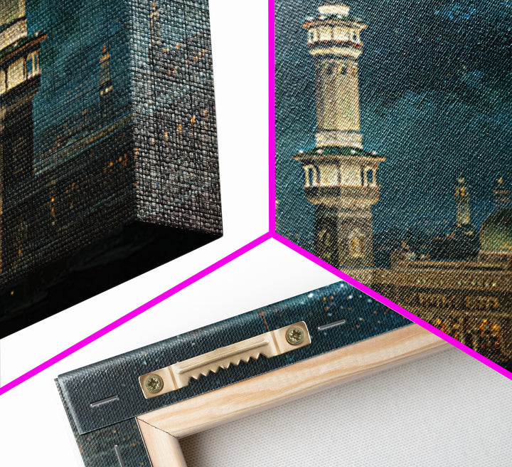 Starry Night Mosque Minarets Framed Canvas Print, Islamic Wall Art, Celestial Arabic Home Decor For Prayer Room And Eid Gift
