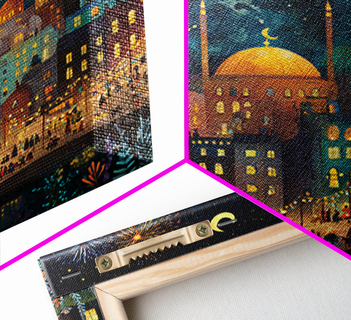 Crescent Moon City Fireworks Wall Art, Whimsical Islamic Canvas Print, Ramadan Decor, Celestial Nursery Art Gift For Kids Room Decor