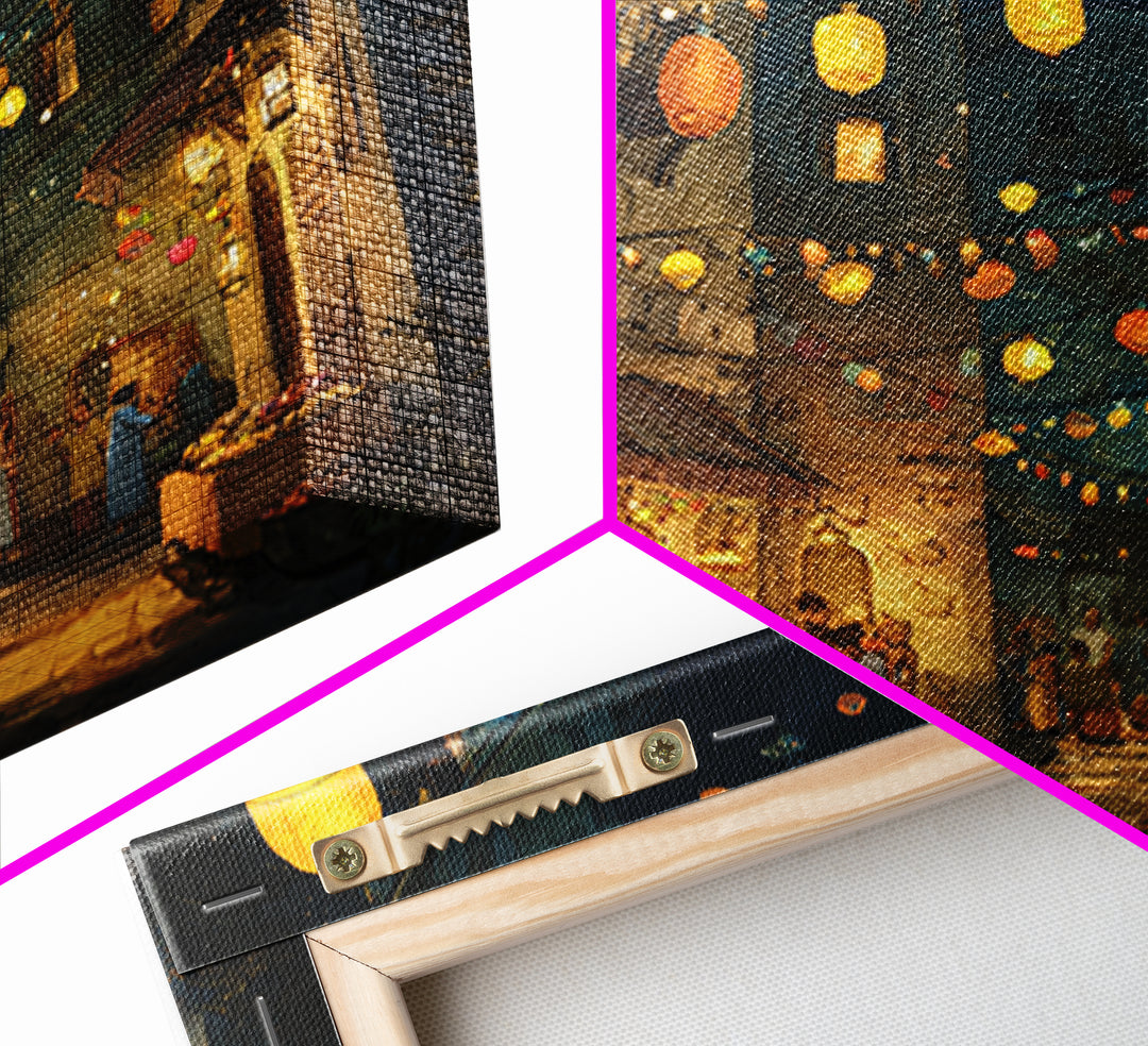 Glowing Lantern Night Market Alley With Food Stalls Wall Art, Moroccan Decor, Mediterranean Travel Poster, Kitchen Wall Art