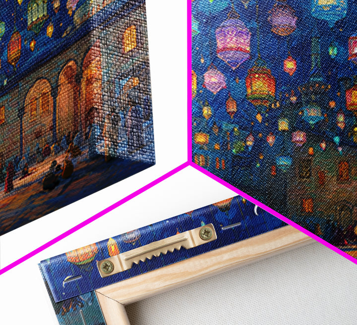 Colorful Ramadan Lanterns Over Courtyard Wall Art, Islamic Canvas Print, Arabic Home Decor, Eid Gift, Mystical Night Scene