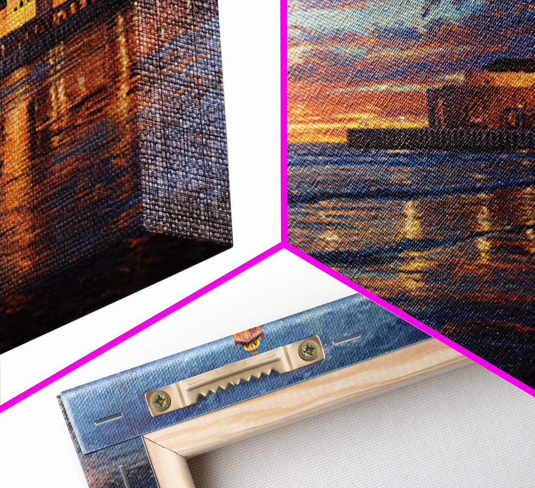 Sunset Mosque On Moroccan Coast Canvas Print, Islamic Wall Art, Ocean Seascape, Morocco Travel Poster, Coastal Home Decor