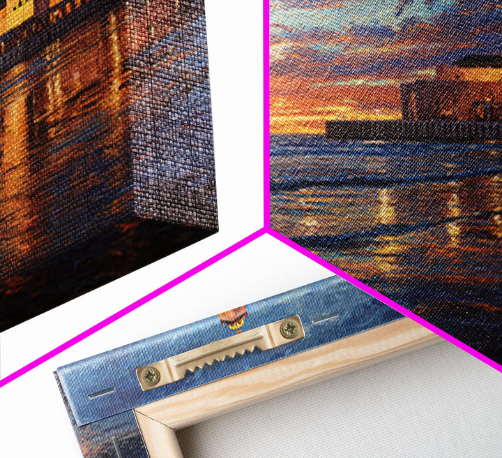 Sunset Mosque On Moroccan Coast Canvas Print, Islamic Wall Art, Ocean Seascape, Morocco Travel Poster, Coastal Home Decor