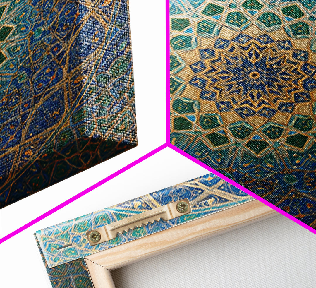 Blue Gold Islamic Geometric Mandala Wall Art, Moroccan Mosaic Canvas Print, Arabic Decor Gift For Prayer Room