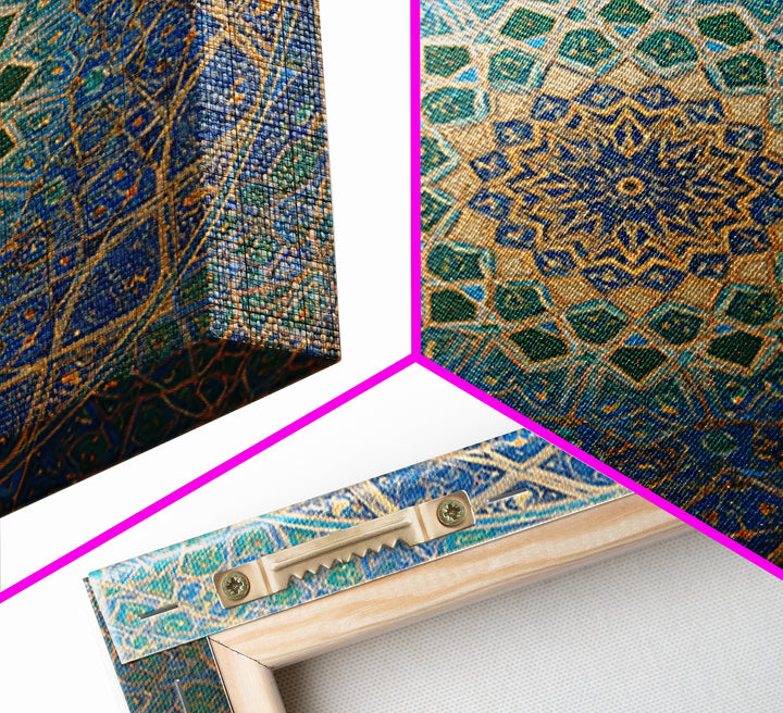 Blue Gold Islamic Geometric Mandala Wall Art, Moroccan Mosaic Canvas Print, Arabic Decor Gift For Prayer Room