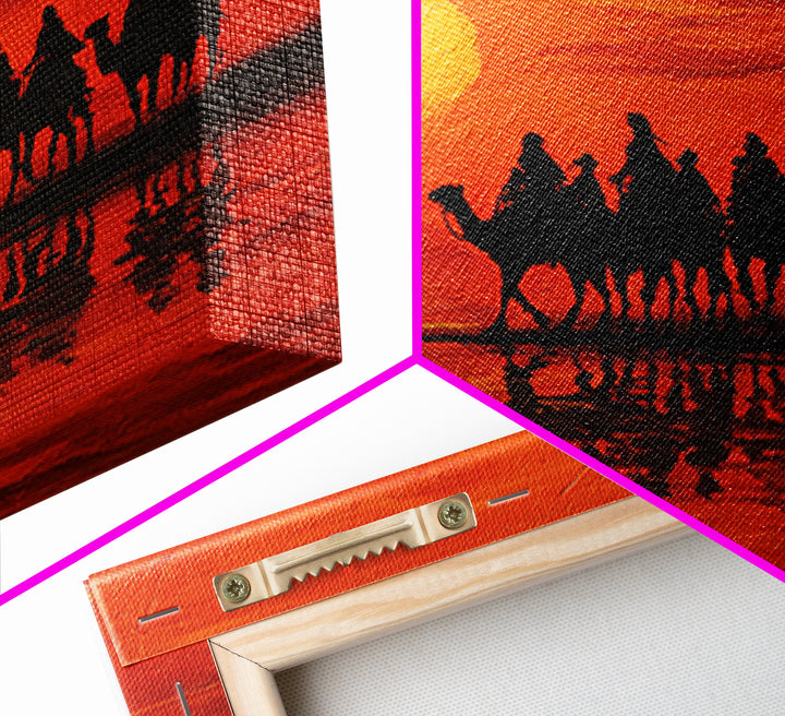 Camel Caravan At Orange Desert Sunset Wall Art, Moroccan Travel Canvas Print, Sahara Landscape Decor, Boho Housewarming Gift