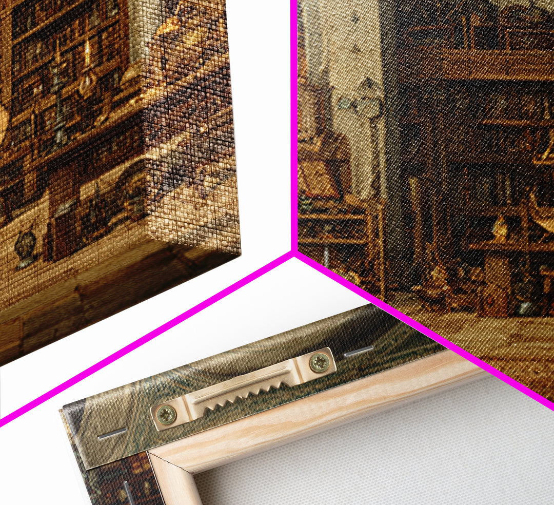 Antique Scholar Library With Globes And Manuscripts Framed Canvas Print, Dark Academia Wall Art, Office Decor, Book Lover Gift