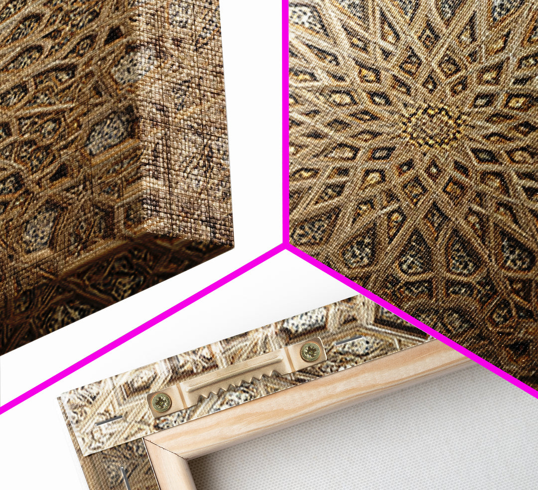 Ornate Islamic Geometric Star Ceiling Wall Art, Moroccan Pattern Framed Canvas Print, Gold Mandala Home Decor For Living Room