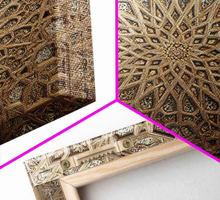 Ornate Islamic Geometric Star Ceiling Wall Art, Moroccan Pattern Framed Canvas Print, Gold Mandala Home Decor For Living Room