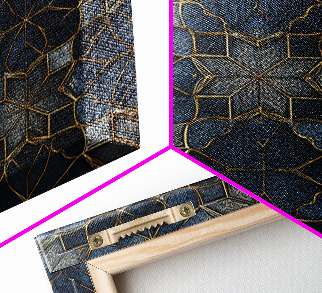 Blue Gold Geometric Tile Pattern Wall Art, Moroccan Art Deco Canvas Print, Luxury Modern Abstract Home Decor Gift For Her