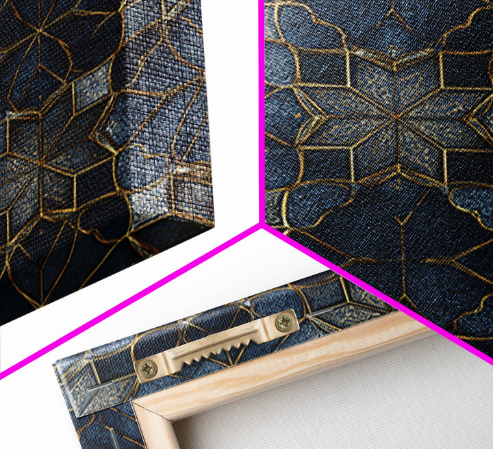 Blue Gold Geometric Tile Pattern Wall Art, Moroccan Art Deco Canvas Print, Luxury Modern Abstract Home Decor Gift For Her