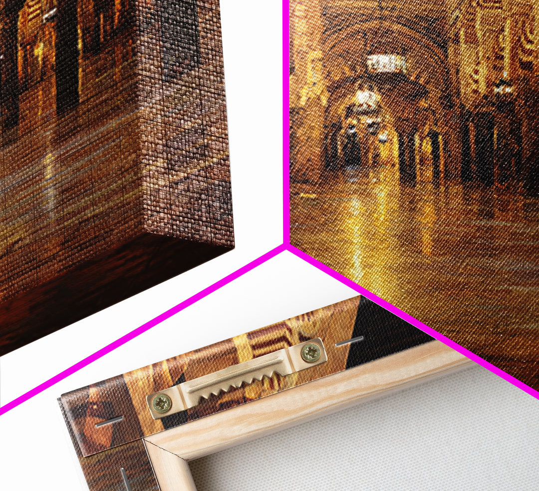 Golden Mosque Corridor Wall Art, Islamic Architecture Print, Moroccan Home Decor, Warm Lantern Canvas For Living Room Decor