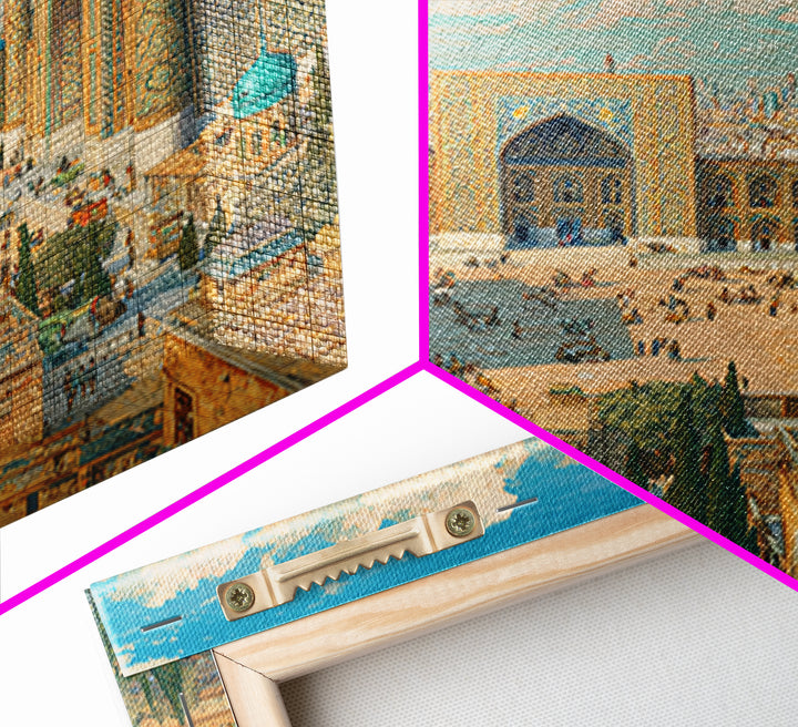Sunlit Samarkand Mosque Courtyard Wall Art, Islamic Architecture Travel Poster, Blue Tile Decor, Asian Framed Canvas Print