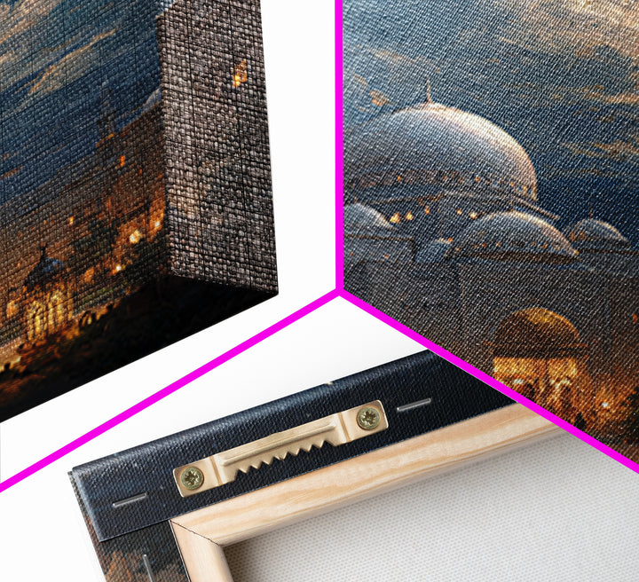 Crescent Moon Mosque Framed Canvas Print, Islamic Architecture Wall Decor, Ramadan Eid Art, Serene Night Sky Home Decor Gift