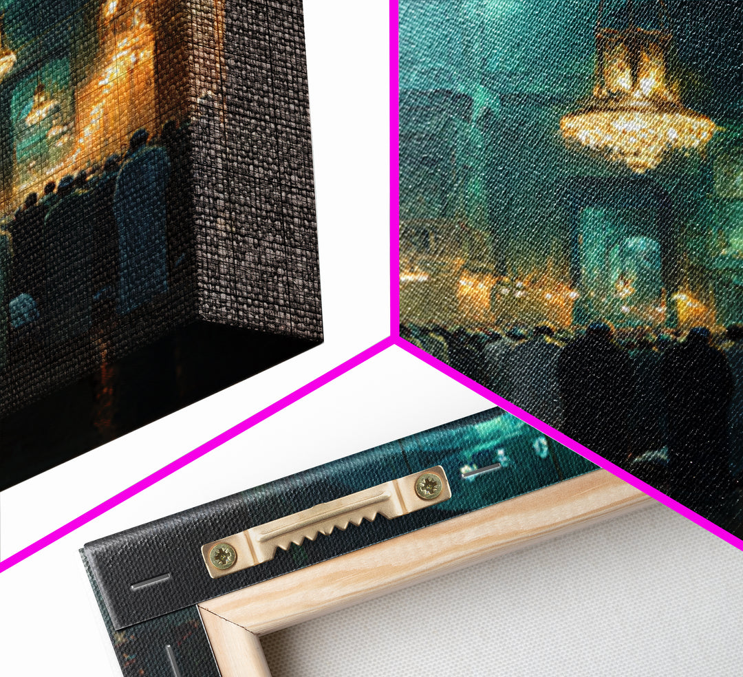Teal Mosque Prayer Hall With Golden Chandeliers Canvas Print, Islamic Wall Decor, Spiritual Fine Art, Ramadan Gift, Elegant Home Decor
