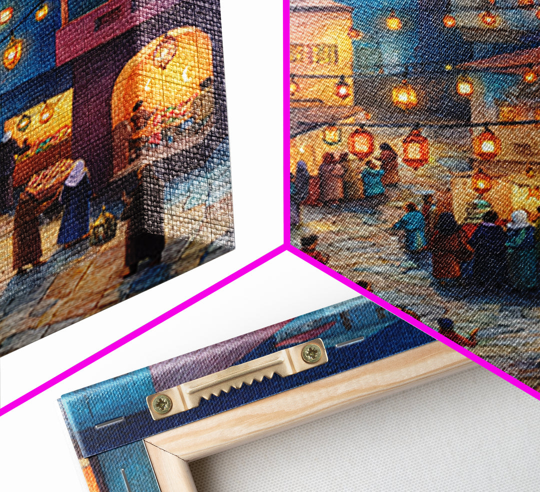 Moonlit Lantern Village Wall Art, Middle Eastern Night Market Canvas Print, Ramadan Decor, Cozy Blue Homes, Housewarming Gift