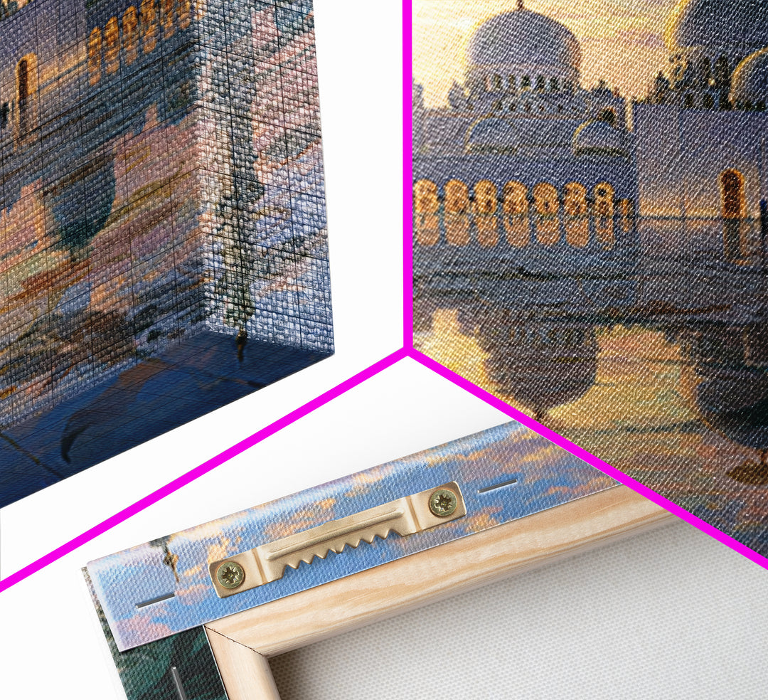 White Grand Mosque At Sunset Framed Canvas Print, Islamic Wall Art, Abu Dhabi Architecture, Spiritual Decor, Luxury Home Decor