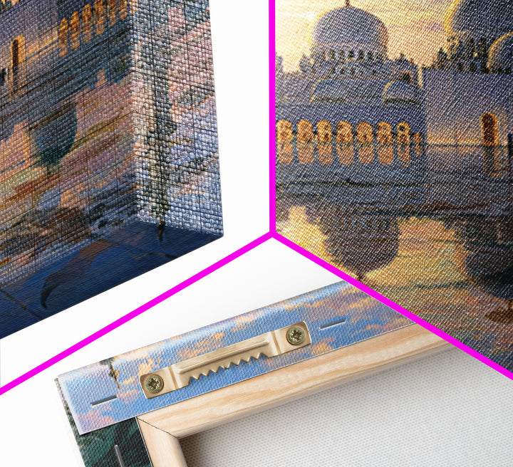White Grand Mosque At Sunset Framed Canvas Print, Islamic Wall Art, Abu Dhabi Architecture, Spiritual Decor, Luxury Home Decor