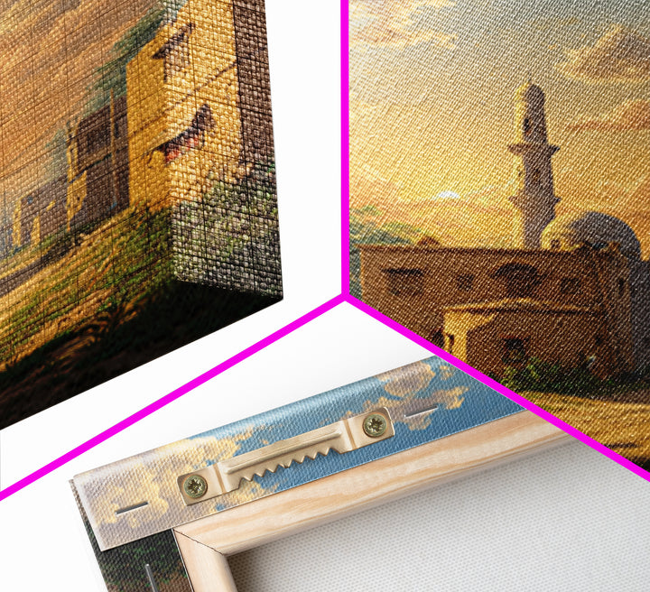 Sunlit Village Mosque At Golden Sunset Wall Art, Islamic Landscape Canvas Print, Rustic Travel Decor, Serene Home Gift For Living Room