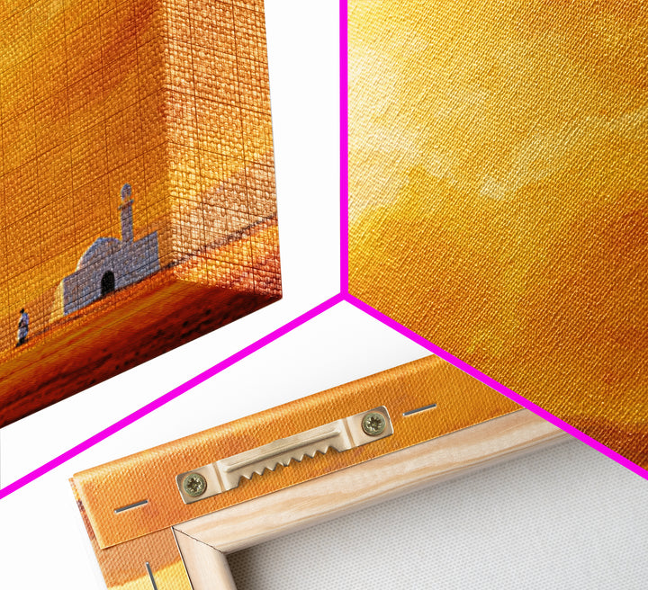 Glowing Orange Desert Mosque Canvas Print, Minimalist Landscape Art, Islamic Wall Decor, Warm Neutral Home Decor Gift Idea