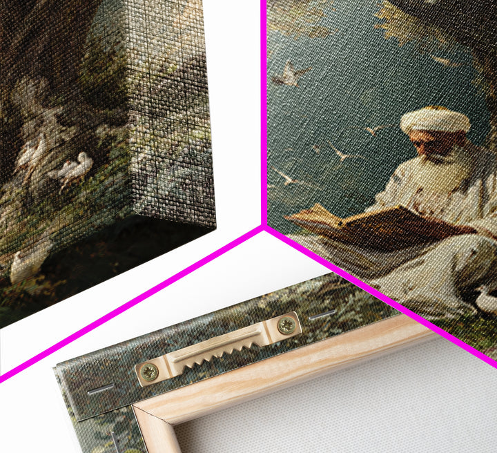 Scholar Reading Beneath Ancient Olive Tree With Doves Canvas Print, Islamic Wall Art, Spiritual Home Decor, Prayer Room Gift