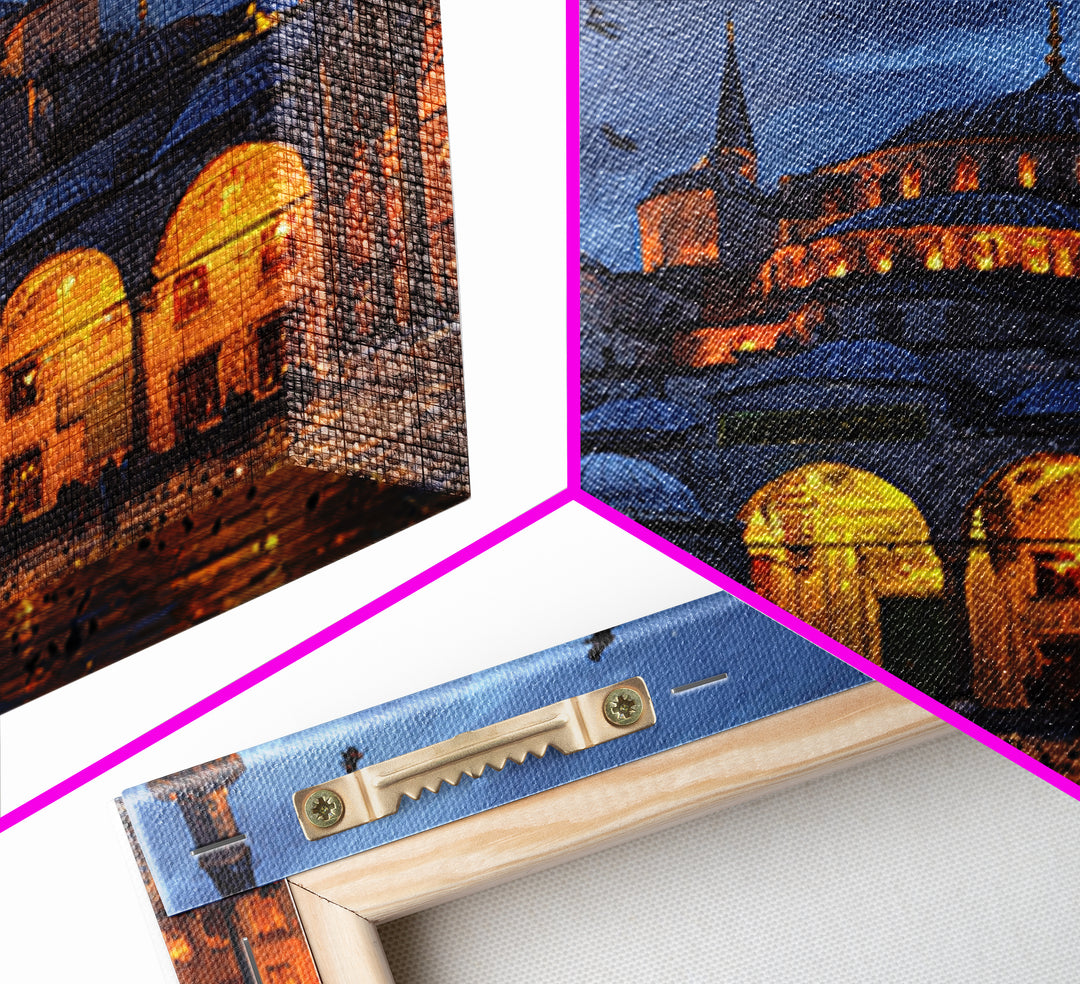 Blue Mosque At Twilight Framed Canvas Print, Islamic Architecture Wall Art, Turkish Travel Poster, Moody Home Decor Gift