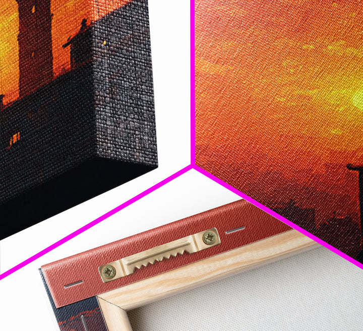 Orange City Sunset With Minaret Tower Silhouette Canvas Print, Islamic Wall Art, Moroccan Decor, Travel Poster, Home Decor
