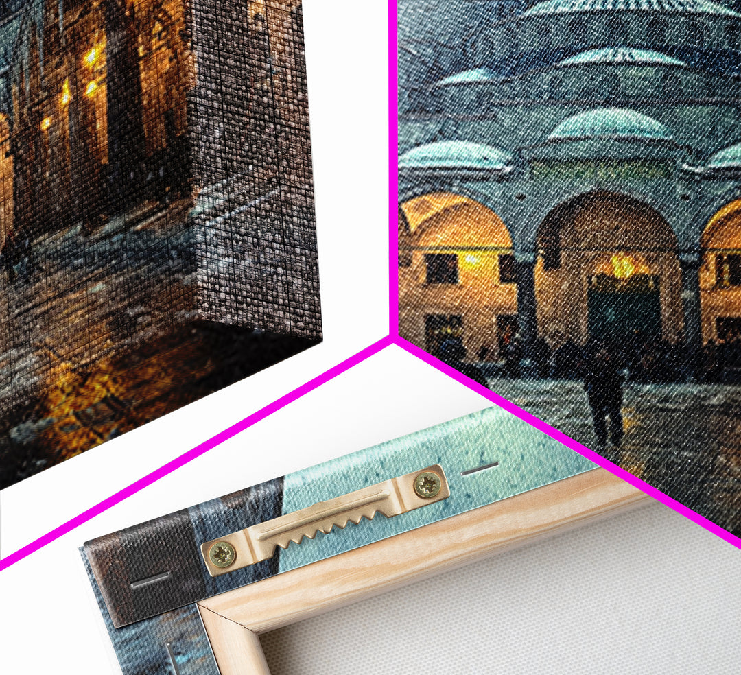 Snowy Blue Mosque Courtyard Canvas Print, Islamic Architecture Wall Art, Istanbul Travel Poster, Spiritual Decor, Home Decor