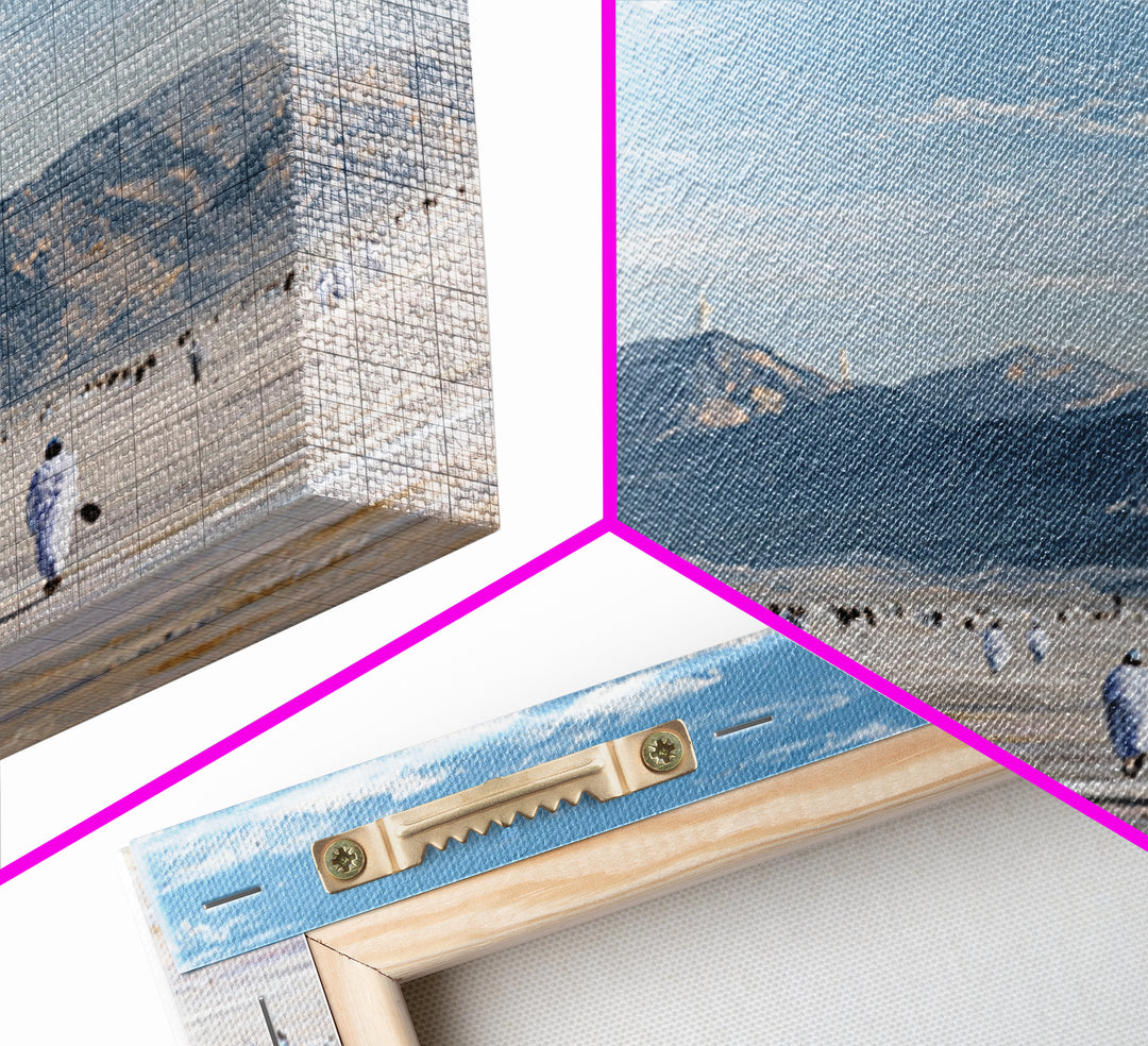 Pilgrims Walking Toward Desert Mountains Wall Art, Minimalist Landscape Canvas Print, Islamic Travel Decor, Calm Neutral