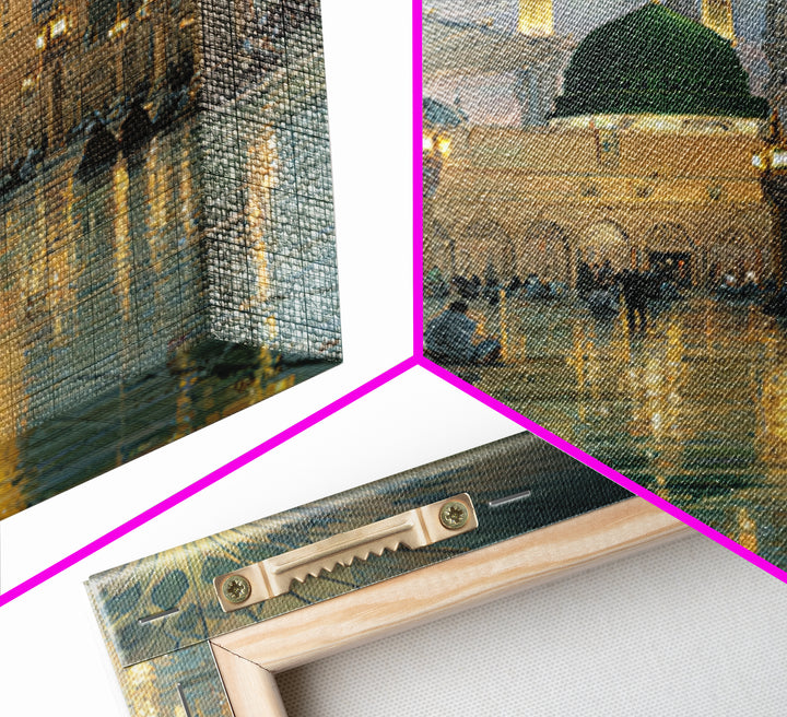 Green Dome Mosque Courtyard With Lantern Reflections Framed Canvas Print, Islamic Wall Art, Medina Decor, Spiritual Gift