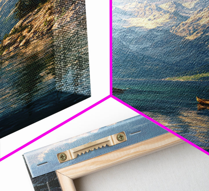 Alpine Lake And Snowy Mountains Framed Canvas Print, Scenic Landscape Art, Cabin Wall Decor, Nature Gift For Living Room