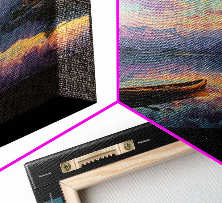 Canoe On Serene Mountain Lake Canvas Print, Sunset Landscape Wall Art, Rustic Cabin Decor For Living Room And Bedroom Decor