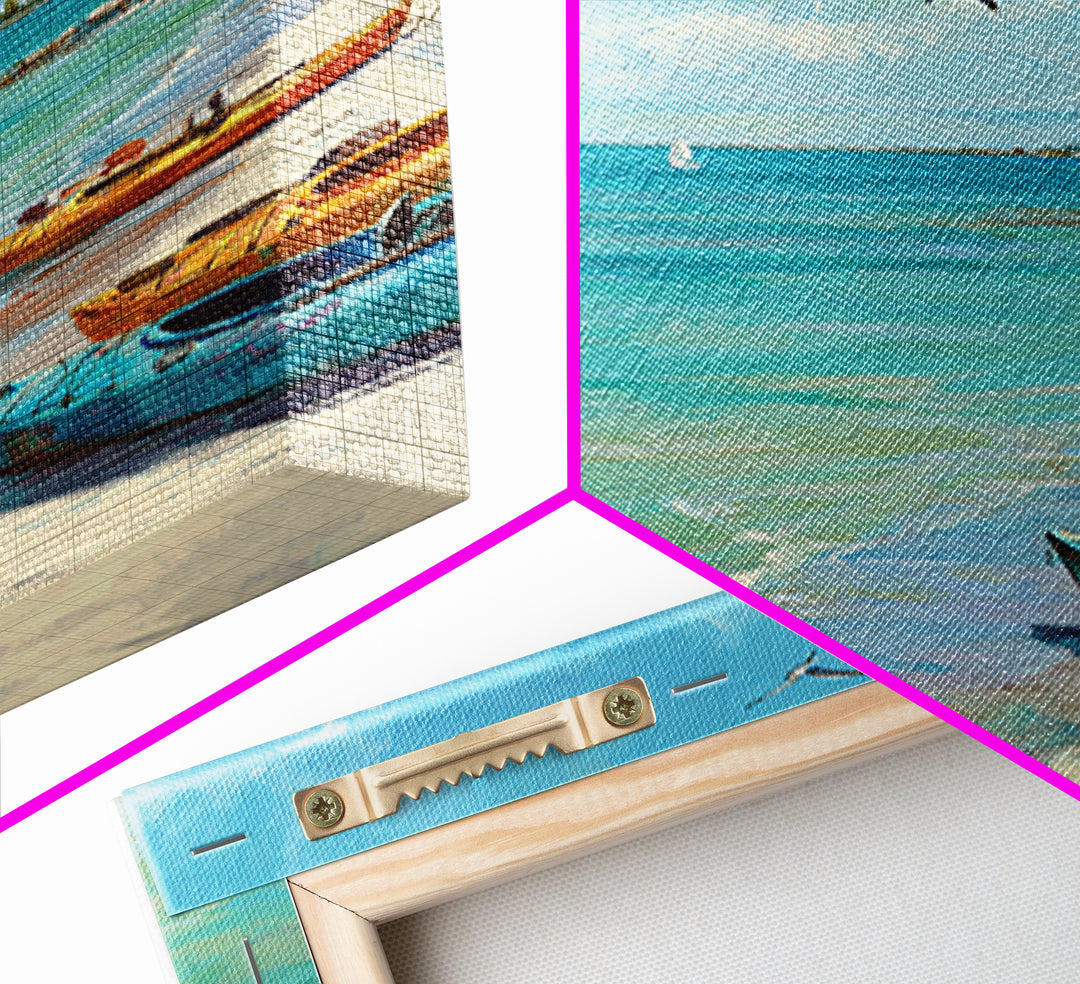 Turquoise Beach Boats And Seagulls Canvas Print, Coastal Wall Art, Ocean Seascape Decor For Beach House Living Room Decor
