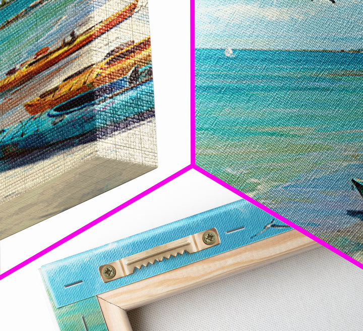 Turquoise Beach Boats And Seagulls Canvas Print, Coastal Wall Art, Ocean Seascape Decor For Beach House Living Room Decor