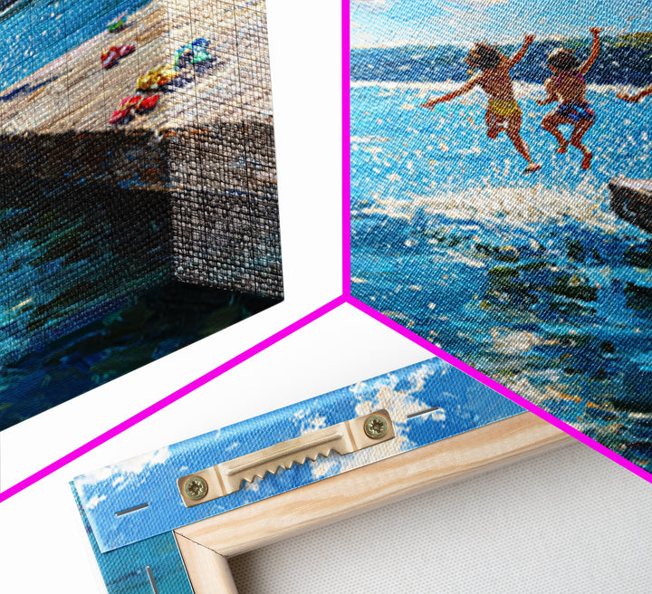 Kids Jumping Off A Sunny Lake Dock Wall Art, Summer Landscape Canvas Print, Lake House Decor, Playroom Art Gift For Coastal Home