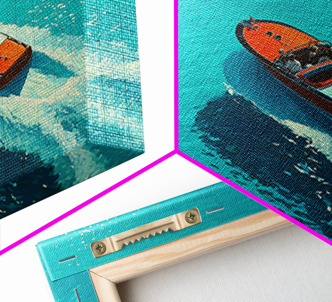 Turquoise Speedboat On Open Water Canvas Print, Coastal Wall Art, Nautical Travel Decor, Modern Beach House Art Gift For Her
