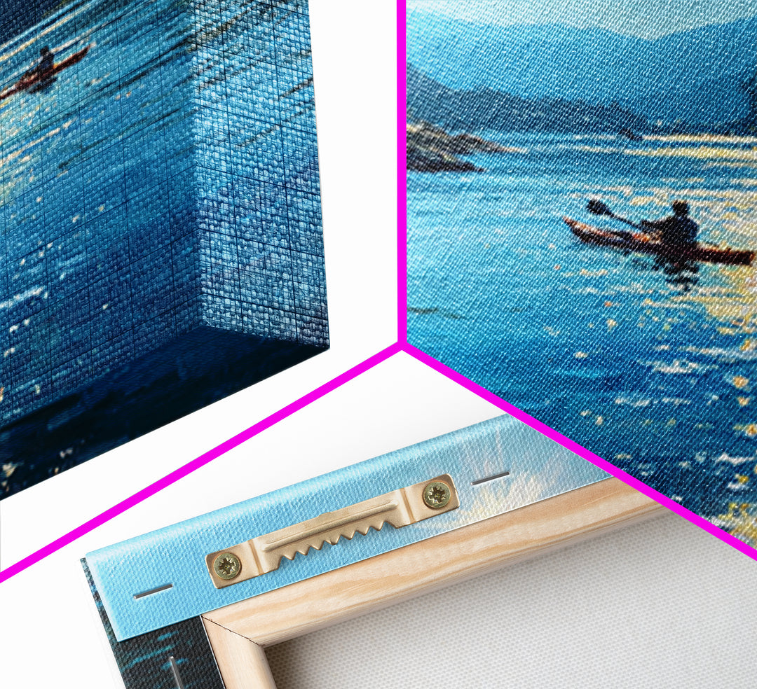 Sunlit Kayakers On Blue Mountain Lake Wall Art, Coastal Landscape Canvas Print, Nature Wall Decor For Living Room Home Decor Gift