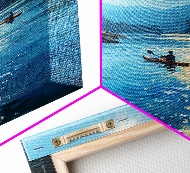 Sunlit Kayakers On Blue Mountain Lake Wall Art, Coastal Landscape Canvas Print, Nature Wall Decor For Living Room Home Decor Gift