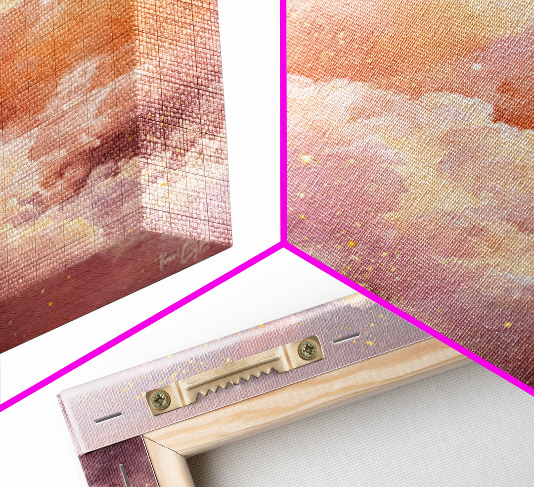 Blush Pink Celestial Clouds With Golden Stars Wall Art, Dreamy Sky Canvas, Pastel Bedroom Decor, Nursery Gift, Ethereal Home Decor