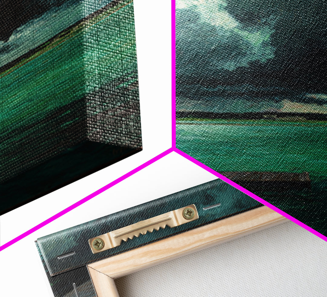 Stormy Turquoise Lake Dock And Dark Clouds Canvas Print, Moody Landscape Art, Coastal Wall Decor, Office Wall Art Gift For Him