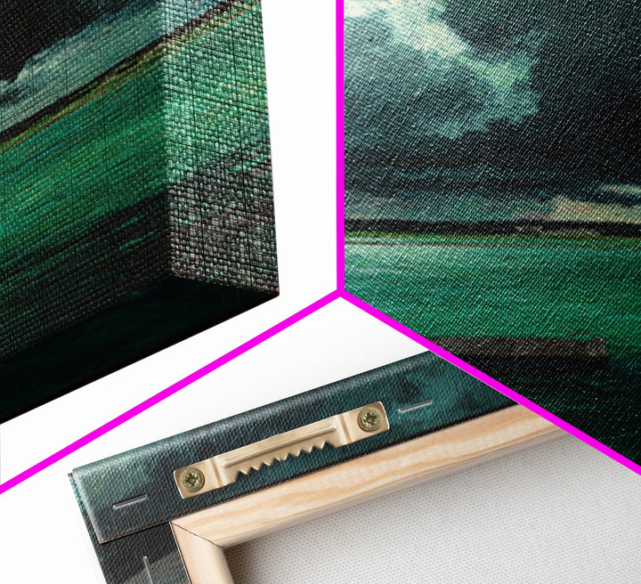 Stormy Turquoise Lake Dock And Dark Clouds Canvas Print, Moody Landscape Art, Coastal Wall Decor, Office Wall Art Gift For Him