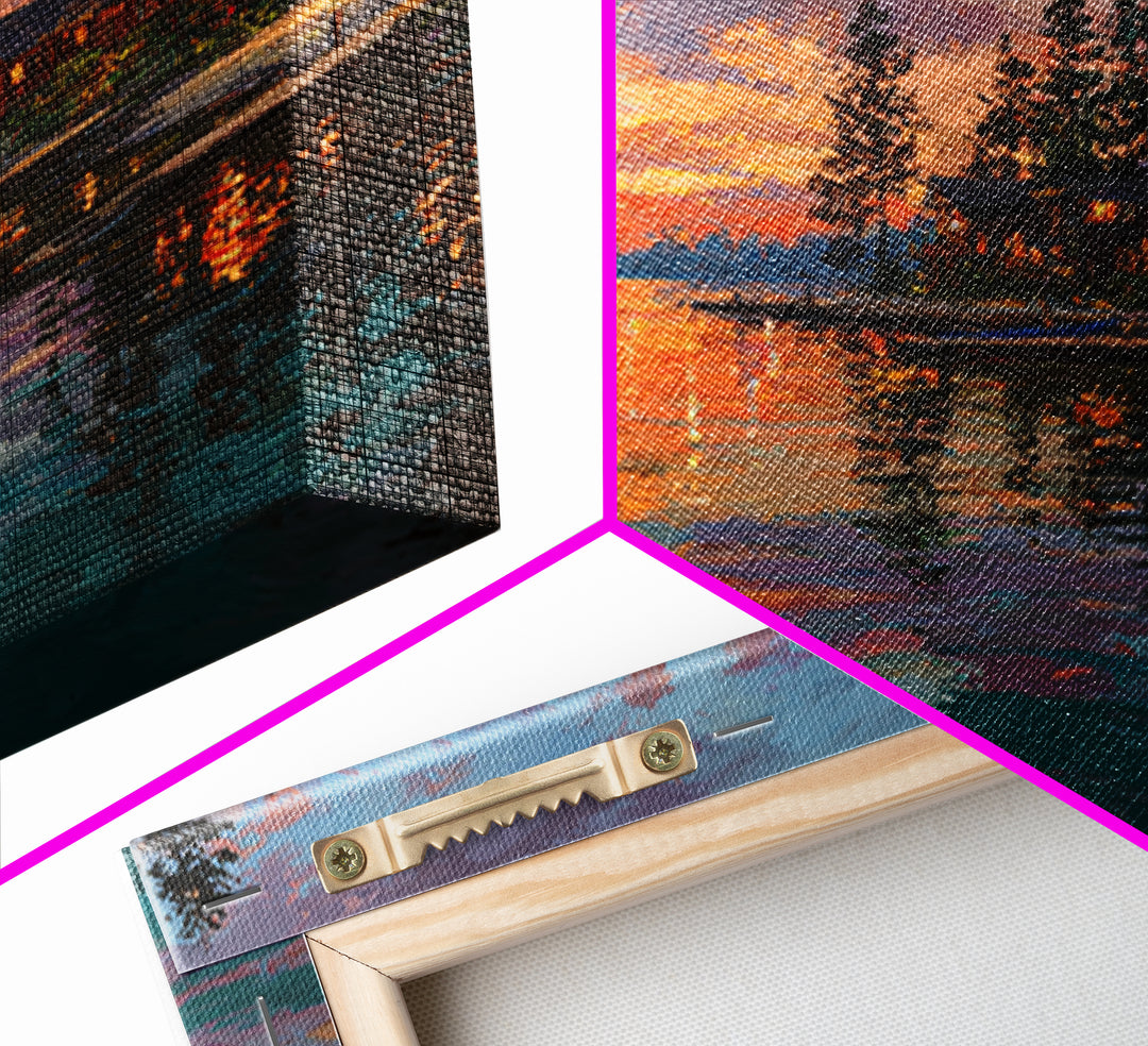 Glowing Lakeside Cabins At Sunset Wall Art, Coastal Landscape Canvas Print, Lake House Decor, Rustic Cabin Living Room Art