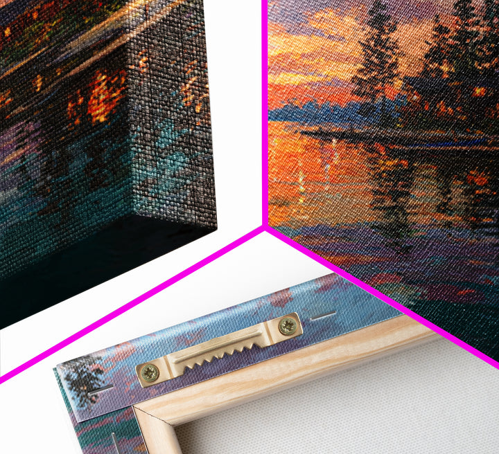 Glowing Lakeside Cabins At Sunset Wall Art, Coastal Landscape Canvas Print, Lake House Decor, Rustic Cabin Living Room Art