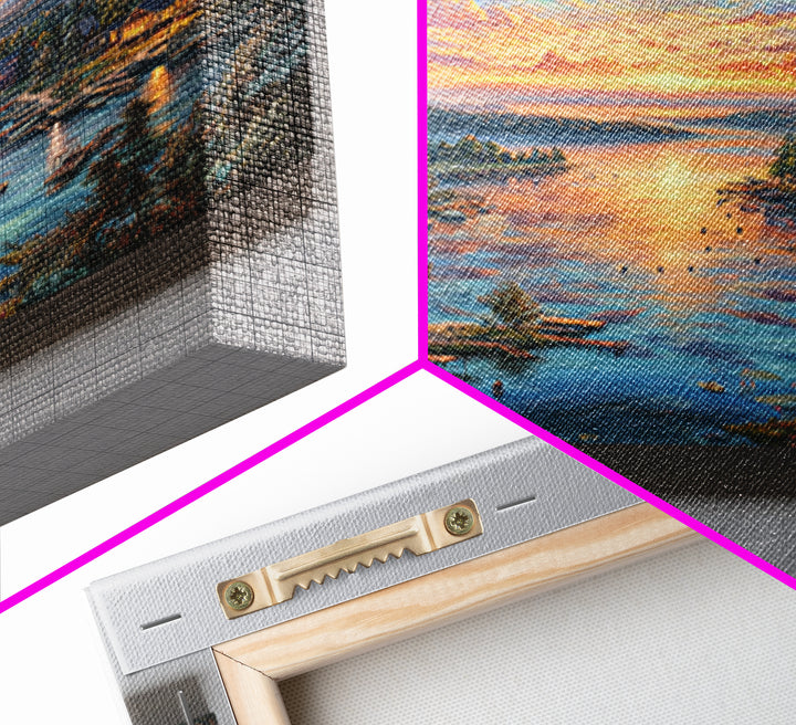 Sunset Lake Village Framed Canvas Print, Panoramic Landscape Wall Art, Coastal Cabin Decor, Large Living Room Art, Housewarming Gift