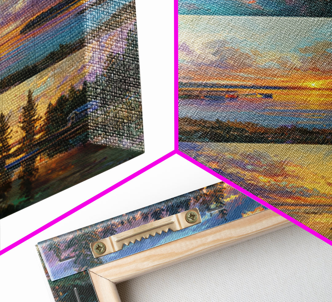 Three Serene Lake Sunset Panels Canvas Print, Panoramic Landscape Wall Art, Cabin Decor, Coastal Living Room Prints, Lake House Art