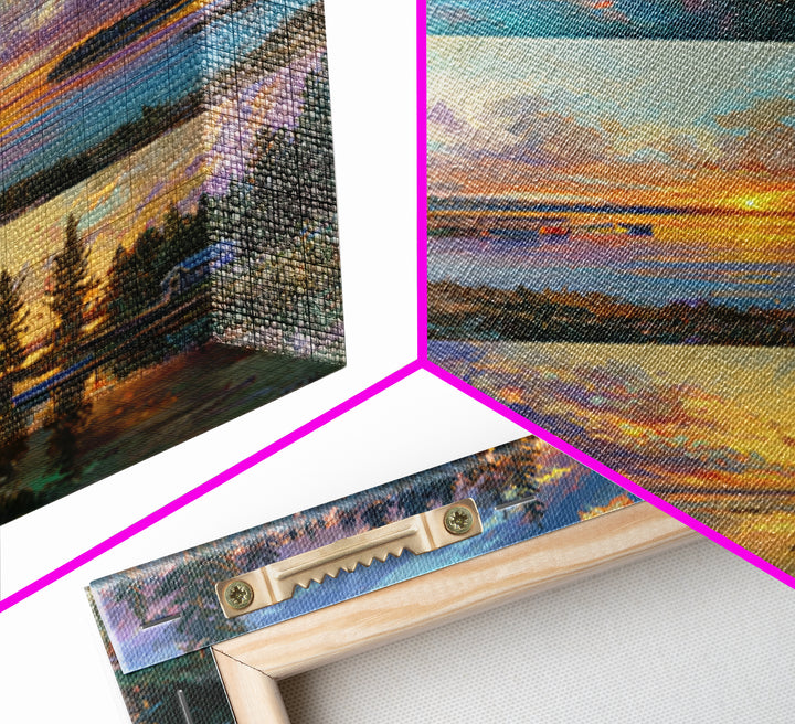 Three Serene Lake Sunset Panels Canvas Print, Panoramic Landscape Wall Art, Cabin Decor, Coastal Living Room Prints, Lake House Art