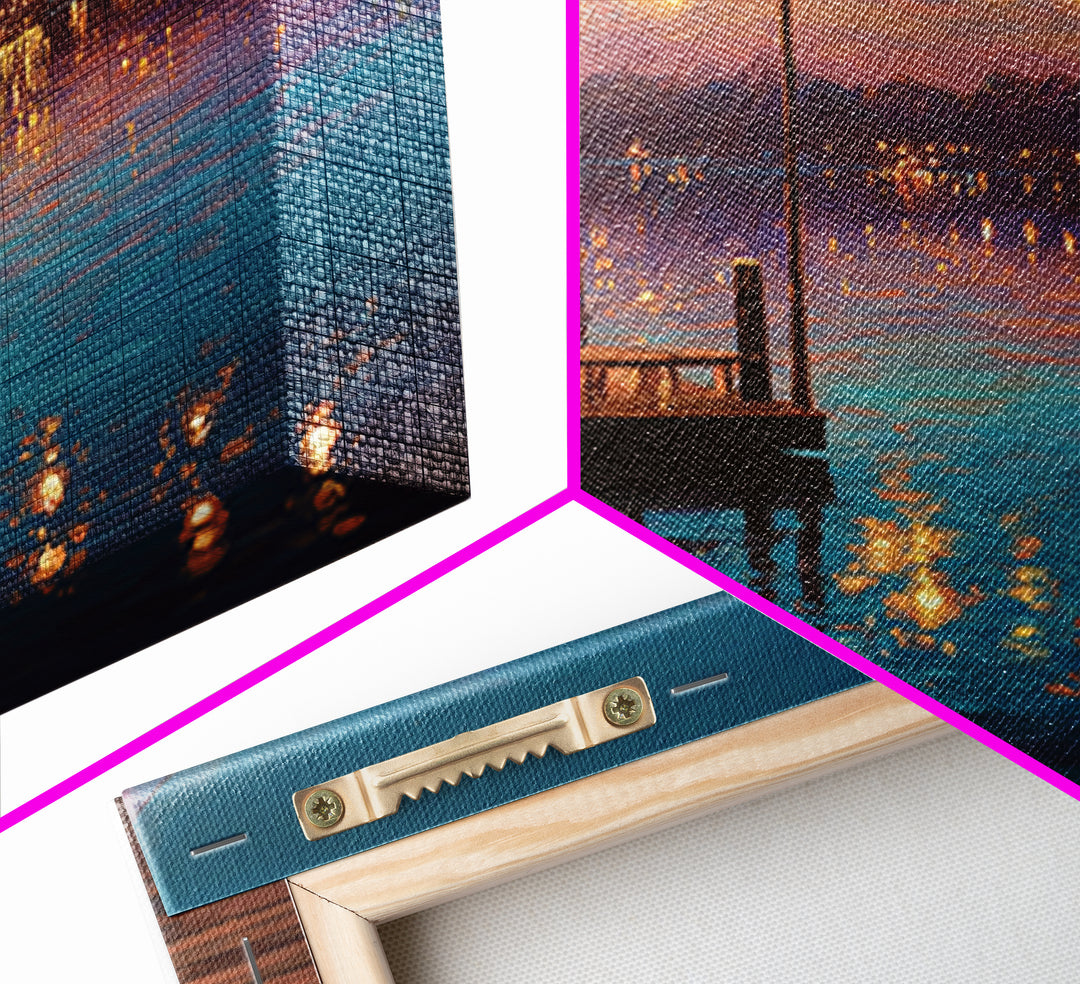 Twilight Lake Dock Lights Wall Art, Romantic Waterfront Canvas Print, Cozy Living Room Decor, Lake House Decor Gift For Her