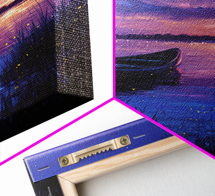 Twilight Lake With Boat And Fireflies Painting Wall Art, Dreamy Night Landscape Print, Romantic Nature Bedroom Decor