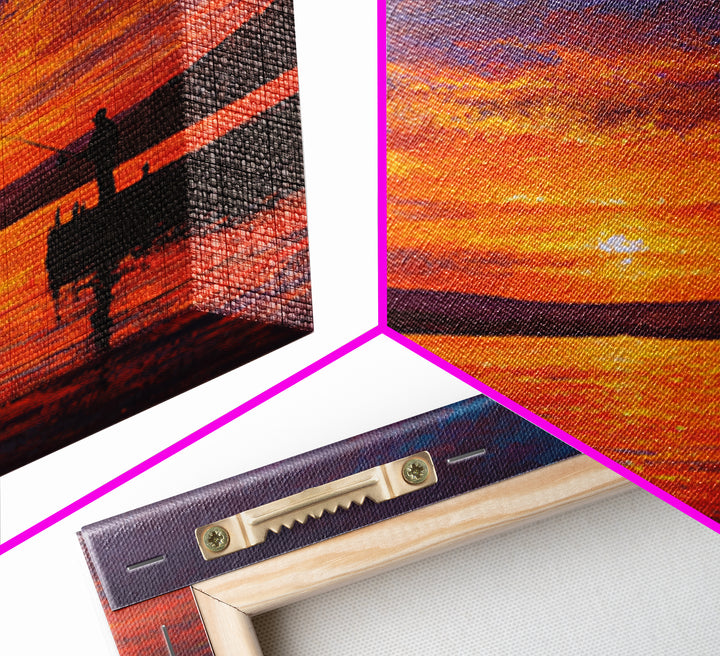 Fisherman At Fiery Sunset Wall Art, Serene Lake Landscape Canvas Print, Rustic Cabin Decor, Peaceful Nature Living Room Wall Art